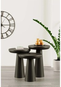 Resim Wood Ahşap Siyah Renk Konik Model 3 Lü Set Mantar Yan Sehpa Fiskos Çiçeklik Decorative Siyah 