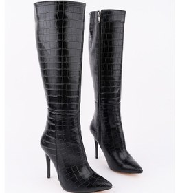 Resim Muggo Zest Kroko Desenli Sivri Burun Fermuarlı İnce Topuklu Kadın Çizme siyah 