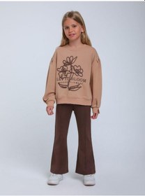 Resim Kız Çocuk Çiçek Nakışlı Sweatshirt-14248 Kahverengi 