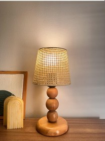 Resim Krem Hazeran Görünümlü Bohem Ahşap Ayaklı Abajur Çok Renkli 