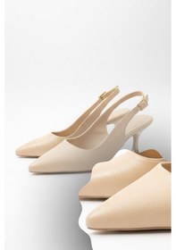 Resim Papuç Sepeti 4000 Kadın 7,5 Cm Topuklu Arkası Açık Stiletto Ayakkabı Krem 