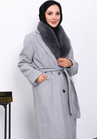Resim İmajButik Gri Yaka Kürklü Kuşaklı Kaşe Kaban 