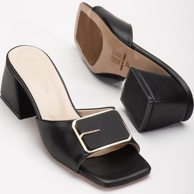 Resim Kare Taşlı Toka Cilt Siyah Kadın Kalın Topuklu Terlik-3032-siyah Siyah 