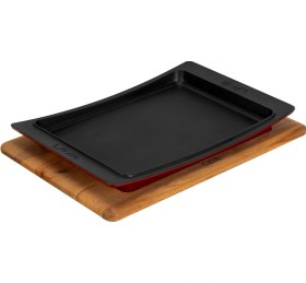 Resim Lava Döküm Dikdörtgen Servis Tabağı Ve Kayın Servis Ahşabı. Ölçü 36x24cm. Bordo 