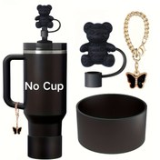 Resim 3 Parça Ayı Şeklinde Su Matarası Aksesuar Seti, Pipet Kılıfları ve Kelebek Pandantif Dahil - Standart Şişelere Uyumlu 