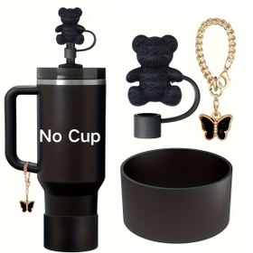 Resim 3 Parça Ayı Şeklinde Su Matarası Aksesuar Seti, Pipet Kılıfları ve Kelebek Pandantif Dahil - Standart Şişelere Uyumlu 