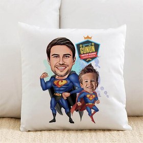 Resim Süper Kahraman Baba ve Oğlu Karikatürlü Yastık 