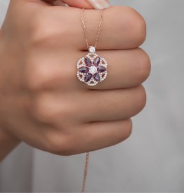 Resim NEREZE 925 Ayar Gümüş Desenli Mor Taşlı Lotus Çiçeği Kolye 