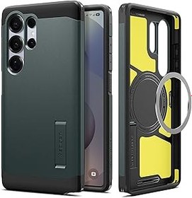 Resim Spigen Galaxy S25 Ultra Ekstra Dayanıklı Kılıf Tough Armor Ai Hava Kanalı Teknolojisi™ Askeri Sınıf Koruma MagFit özellikli KickStand'lı Abyss Green Çift Katman Kapak - ACS08966 