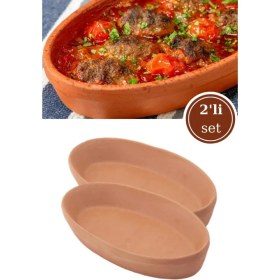 Resim Elizi Çömlekleri 2 Adet Toprak Kayık Kase, Kayık Güveç Fırın Kabı 2’li Set Orta Boy (26X14CM) 