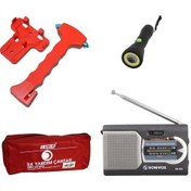 Resim Acil Durum 4 Lü Araç Seti: İlk Yardım Çantası + İmdat Çekici + El Feneri + Pilli Analog Radyo 