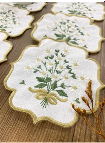 Resim Gold Papatya 6'lı Kahve Yanı Sunumluk Peçete Linen Keten Sırma Nakış İşlemeli Kokteyl Peçetesi Altın 