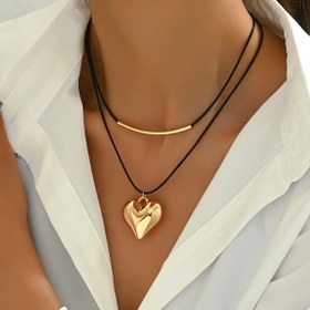 Resim Sade Siyah İkili Katman Gerdanlık ile Geometrik Kalp ve Eğri Tüp Pendentili, Mozaik Yok, Günlük Giyim için Çok Yönlü 