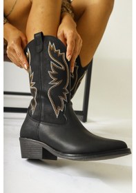 Resim Sirinya Siyah Sivri Burunlu Nakışlı Western Bot 001 