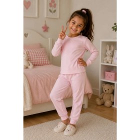 Resim Zuzunga Soft Pink %100 Pamuk Basic Kız Çocuk Pijama Takımı 