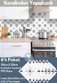 Resim Technojet Kendinden Yapışkanlı Karo PVC Mutfak Banyo Tezgah Kaplama Sticker 6Adet 20cm×20cm 