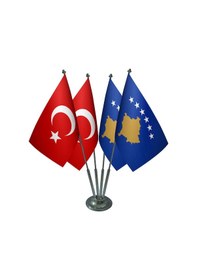 Resim Masa Üstü Kosova Bayrağı Türk Bayrağı Dörtlü Krom Direk Masa Bayr 