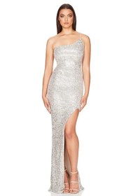 Resim Hanife Glam Couture Hanife Glam Tek Askılı Yırtmaçlı Pul Payet Abiye Elbise Gümüş 