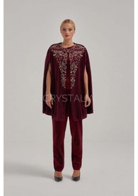 Resim Crystalia Pelerinli Taş Nakış İşlemeli Bordo Kadife Takım Bordo 