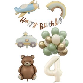 Resim Retro 4 Yaş Doğum Günü Seti Uçak, Araba, Gökkuşağı, Ayıcık Ve 20 Adet Lateks Balon Set Çok Renkli 