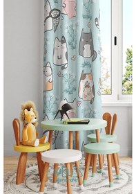 Resim Tatlı Kedicikler Desenli Fon Perde Çocuk Ve Bebek Odası Süet Baskılı Ekstrafor Büzgü Tek Kanat Çok Renkli 