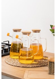 Resim Thn 3 Lü Bambu Kapaklı Cam Yağlık Sirkelik Zeytin Yağlık 900 Ml. Cam Sürahi Şeffaf 