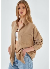 Resim Mixray 3833 Kadın Oversize Cepli Müslin Gömlek Vizon 