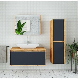 Resim Banos Roomart Lavabolu Ahşap-Antrasit 100Cm Banyo Dolabı+Aynalı+B Antrasit 