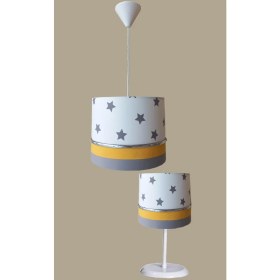 Resim Onay Avize Beyaz Yıldızlı Sarı 2.li Set M-647 Kumaş Kaplama Genç ve Çocuk Odası Avize ve Abajur Takımı 