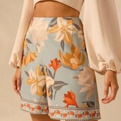 Resim Kadınların şık çiçek desenli yüksek bel rahat şortları - Işık mavi, canlı turuncu ve sarı çiçeklerle, geniş paça tasarıma sahip, makinede yıkanabilir polyester, bahar/yaz/sonbahar için mükemmel 