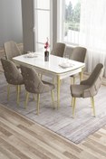 Resim Canisa Tia Serisi 80x132 Açılabilir Mdf Beyaz Gold Detay Mutfak Masası Takımı Ve 6 Cappucino Sandalye 