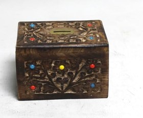 Resim Ahşap Oymalı Boncuklu Kilitli Kumbara 14x10x10 cm. 