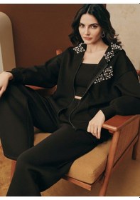 Resim Afri Lüks İnci Detaylı Taş Dizimli Kapüşonlu Siyah Eşofman Takımı Fermuarlı Sweatshirt & Pantolon Takım Siyah 