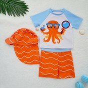 Resim 1 Set Şirin Ahtapot Baskılı Erkek Çocuk Mayosu, 3 parçalı Bebek Mayosu, Kısa Kollu Crew Boyunlu Üst ve Şort, Polyester (95%) ve Elastan (5%) Örgü Kumaş, Esnek İnce Uygun 