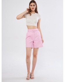 Resim Pasaklı Giyim Kadın Gabardin Kumaş Cepli Kemerli Tokalı Çizgili Kısa Şort 3562210 Pembe 