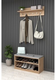 Resim Asra Trend MDF Puflu Ayakkabılık ve Askılık – 90 cm Portmanto Seti, Modern, 2 Raflı, A-34 Sonoma 