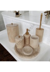 Resim Sarı Traverten Klasik Model 7 Parça Mat Gold Renk Düğme Aksesuarlı Banyo Seti Sarı Traverten 