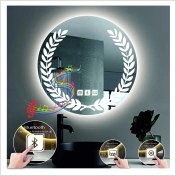 Resim Dnr-Mirror50 Cm Beyaz Ledli Tasarım Kumlamalı Dokunmatik Bluetoothlu Buğu Önleyicili Banyo Aynası Makyaj Ayna 