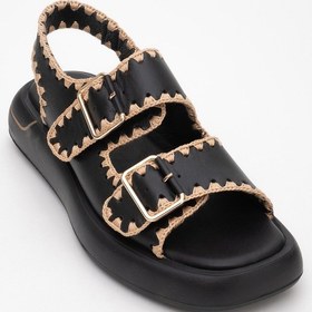 Resim Luvishoes Douro Siyah Cilt Hakiki Deri İp Örme Detaylı Kadın Sandalet Siyah 