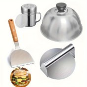 Resim Isıya Dayanıklı Saplı 4 Parça Burger Pres Seti - Paslanmaz Çelik Ağır Hizmet Tipi Hamburger Köfte Yapıcı, Baharatlık, Barbekü Düzleştirici & Izgara Kapağı - Et Ürünleri, Sandviçler & Etler İçin Mükemmel - Temel Mutfak Aksesuarları. 