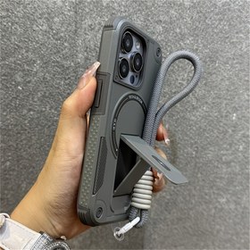 Resim Premium Mecha Tasarım Ağır Hizmet Tipi Düşme Önleyici Görünmez Braket Kablosuz Şarj Telefon Kılıfı, Naylon Askı ile Uyumlu Iphone 16 Pro Max, 15, 14 Plus, 13, 12 Pro Lüks Şok Emici Bumper Arka Kapak 