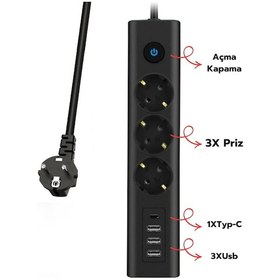 Resim Akım Korumalı Priz 3'lü Priz 3x Usb Girişi 1x Type-c Girişi 2mt Kablo Grup Priz Ftr-13 1.9 M 