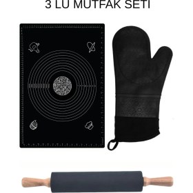 Resim Siyah Büyük Boy Hamur Matı, Bambu Saplı Merdane, Fırın Eldiveni 3 Lü Set 