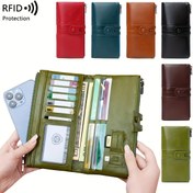 Resim RFID Anti-Theft Çift Katmanlı Büyük Kapasiteli Nötr Cüzdan Vintage Fermuar Cüzdan, Yumuşak, Çoklu Kart Yuvaları ve Kimlik Penceresi ile Kredi Kartları, Kimlik Kartları, Nakit ve Mobil Telefon için, Dikiş Detayı ile, Kadınlar için İş veya Günlük Ayarlamalar için Uygun. 