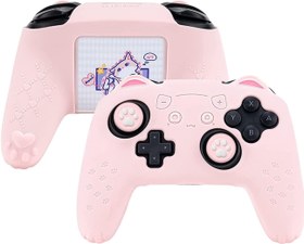 Resim GeekShare Pembe kedi pençe denetleyicisi cilt sapları seti, Nintendo Switch Pro ile uyumlu, kaymaz silikon koruyucu kapak kılıfı, Switch Pro kablosuz kumanda için Joystick kapakları 
