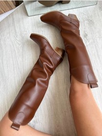 Resim SHOEBOURNE Taba Deri Western Tarzı Dizaltı Uzun Kadın Çizme 