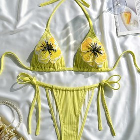Resim 2'li şık tek renkli pullu süslemeli bikini seti 