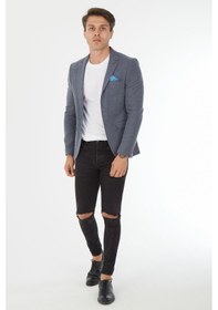 Resim Sposo 5136 Dar Kalıp Örme Kumaş İndigo Erkek Blazer Ceket İndigo 