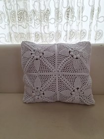 Resim Dekoratif Örgü Yastık, El Yapımı Çiçek Desenli,Krem, Kare Şekilli-Beyaz 