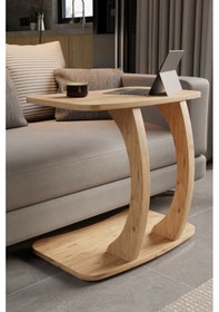 Resim Atlantik Çam Dikdörtgen C Model Yan Sehpa Modern Koltuk Tekerlekli Yan Laptop Masası Kahverengi 